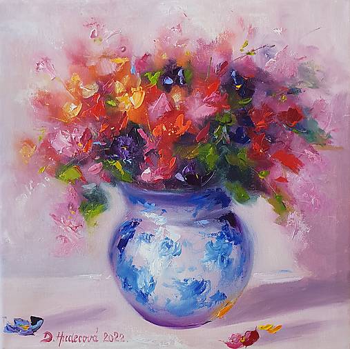 Obraz "Kvety v modranskej váze" - olejomaľba, plátno, 30x30 cm