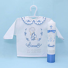 Detské oblečenie - Vyšívaná košieľka na krst "Modrý anjel s ružičkami" (set košieľka + sviečka + darčeková krabica) - 15988680_