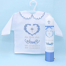Detské oblečenie - Modrá košieľka na krst s krásnym ornamentovým srdiečkom a krížikom (set košieľka + sviečka + SBD + darčeková krabica) - 15989011_
