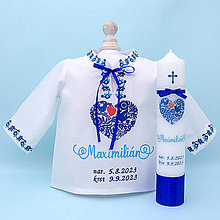 Detské oblečenie - Košieľka na krst v ľudovom štýle modrá (set košieľka + sviečka + darčeková krabica) - 15989076_