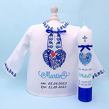 Detské oblečenie - Košieľka na krst v ľudovom štýle modrá (EXPRES set košieľka + sviečka + darčeková krabica) - 15989101_