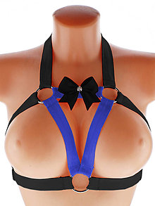 Spodná bielizeň - Elastický harness čierný s modrou, top postroj otevřená podprsenka s kovovými krúžkami - 16002805_