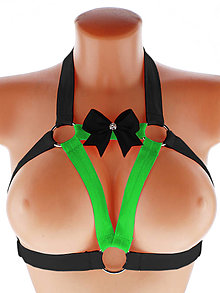 Spodná bielizeň - Elastický harness čierný s zelenou, top postroj otevřená podprsenka s kovovými krúžkami - 16002842_