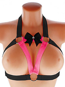 Spodná bielizeň - Elastický harness růžovo čierný top postroj otevřená podprsenka s kovovými krúžkami - 16002898_