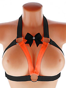 Spodná bielizeň - Elastický harness oranžovo čierný top postroj otevřená podprsenka s kovovými krúžkami - 16002920_