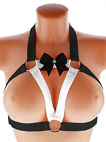 Spodná bielizeň - Elastický harness bielo čierný top postroj otevřená podprsenka s kovovými krúžkami - 16002947_