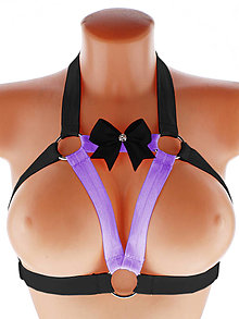 Spodná bielizeň - Elastický harness fialovo čierný top postroj otevřená podprsenka s kovovými krúžkami - 16002985_