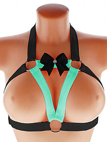 Spodná bielizeň - Elastický harness zeleno čierný top postroj otevřená podprsenka s kovovými krúžkami - 16002999_