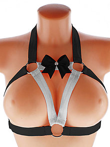 Spodná bielizeň - Elastický harness šedo čierný top postroj otevřená podprsenka s kovovými krúžkami - 16003026_