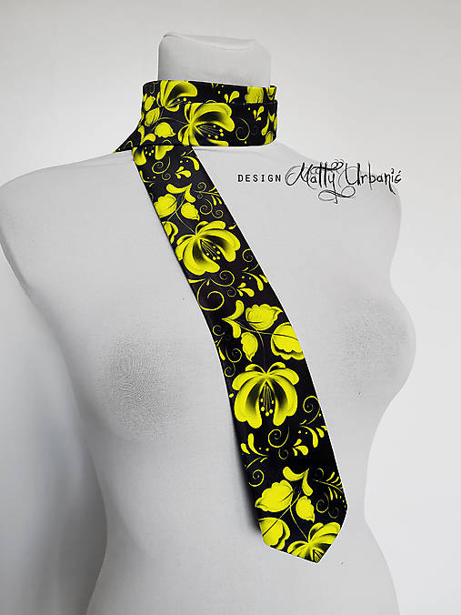 kravata FOLK Black - colour (žltá)