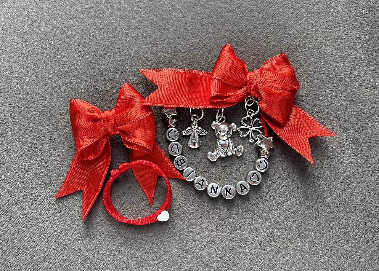 Set proti urieknutiu pre bábätko - 2x mašlička na kočík/vajíčko + náramok so srdiečkom z chirurgickej ocele