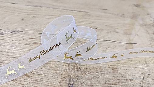 Galantéria - Ozdobná stuha 20 mm - Organzová - Merry Christmas - BIelo zlatá - 16024540_