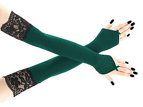 Rukavice - Dámské čierno zelené spoločenské rukavice s čipkou - 16030240_
