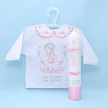 Detské oblečenie - Vyšívaná košieľka na krst "Sivo-ružový anjel s ružičkami" (set košieľka + sviečka + darčeková krabica) - 16029076_
