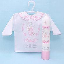 Detské oblečenie - Vyšívaná košieľka na krst "Ružový anjel s ružičkami" (set košieľka + sviečka + darčeková krabica) - 16029110_