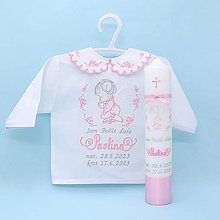 Detské oblečenie - Vyšívaná košieľka na krst "Ružový anjel s ružičkami" (set košieľka + sviečka + SBD + darčeková krabica) - 16029115_