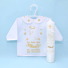 Detské oblečenie - Vyšívaná košieľka na krst "Zlato biely anjel s ružičkami" (set košieľka + sviečka + darčeková krabica) - 16029641_