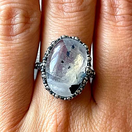 Moonstone Tourmaline Filigree Flower AG925 Silver Ring  / Strieborný prsteň s mesačným kameňom s turmalínom E002