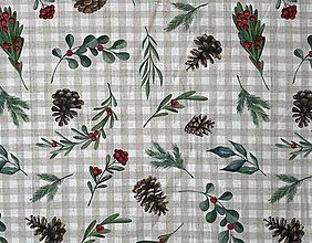 Textil - Dekoračná vianočná látka (Vetvičky,šišky na kocke) - 16048572_