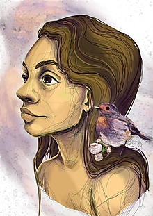 Obrazy - Žena s vtáčikom. originálny print - 16047219_