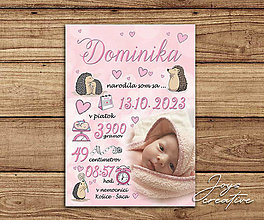 Tabuľky - Detská tabuľka, tabuľka pre dieťa s údajmi o narodení dieťatka (Ružové pozadie s ježkami 38x27cm) - 16049641_