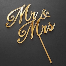 Dekorácie - Mr & Mrs svadobný zápich na tortu zlatý zrkadlový - 16049356_