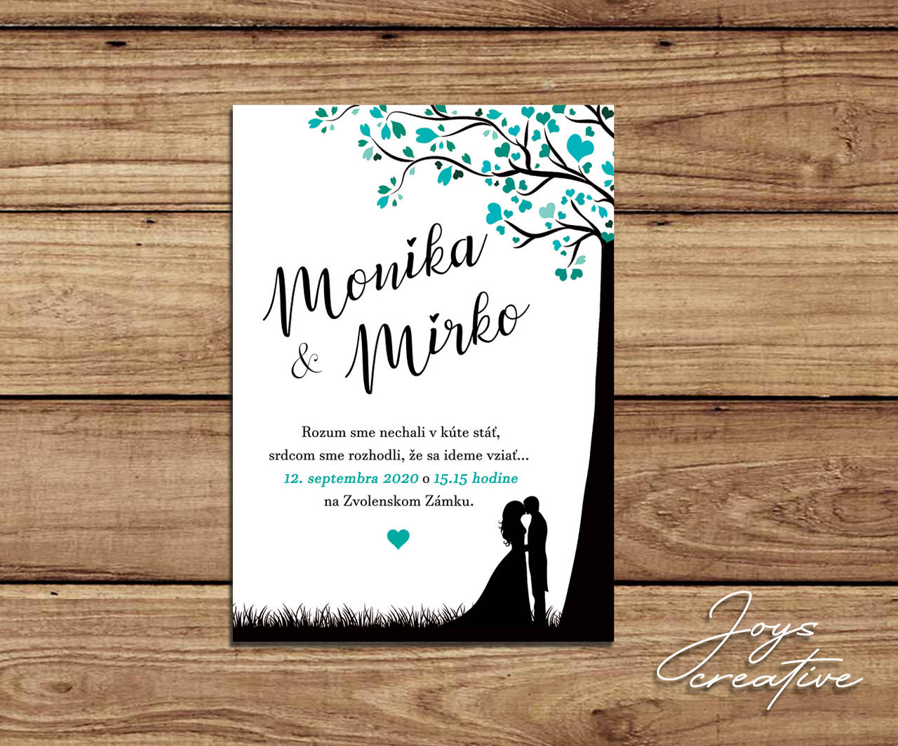 Svadobné oznámenie príbeh lásky - silueta manželov pod stromom
