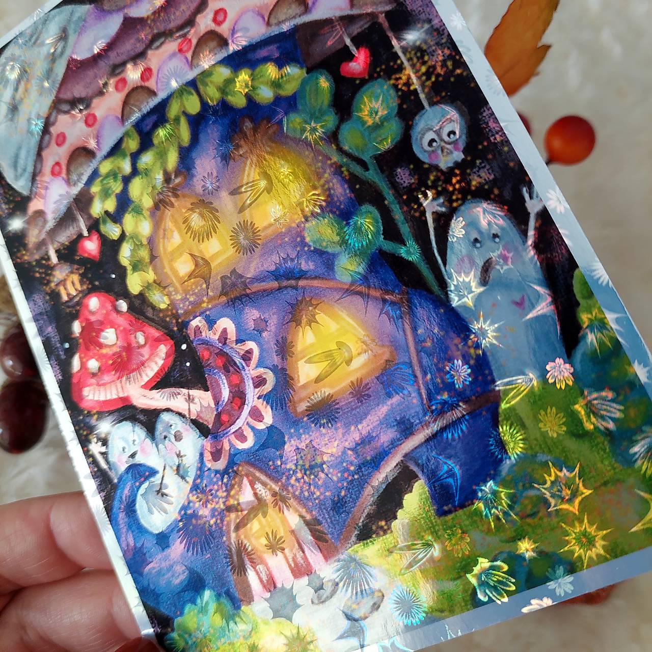 Kúzelný domček v čarodejkinej izbe - trblietavá, dúhová pohľadnica