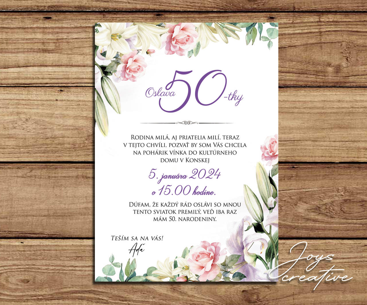 Pozvánka na narodeniny, narodeninová pozvánka na 50 s laliami a ružami (bieloružová - dominantné číslo)