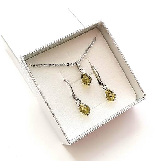 Sady šperkov - Sada brúsené kvapky 6x8 mm + oceľ (khaki) - 16075788_