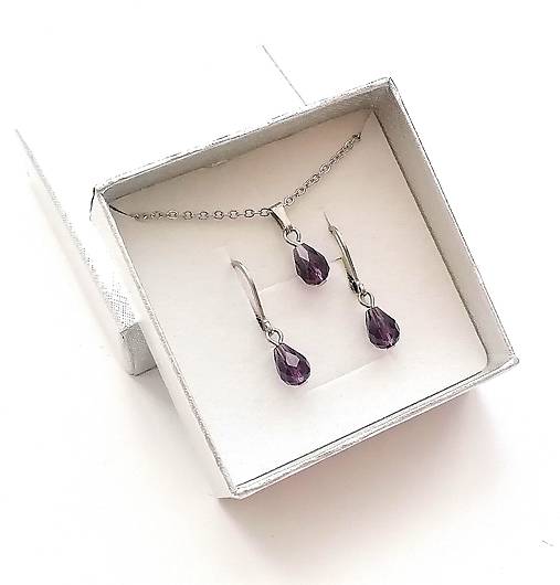 Sady šperkov - Sada brúsené kvapky 6x8 mm + oceľ (fialová tmavá) - 16075861_