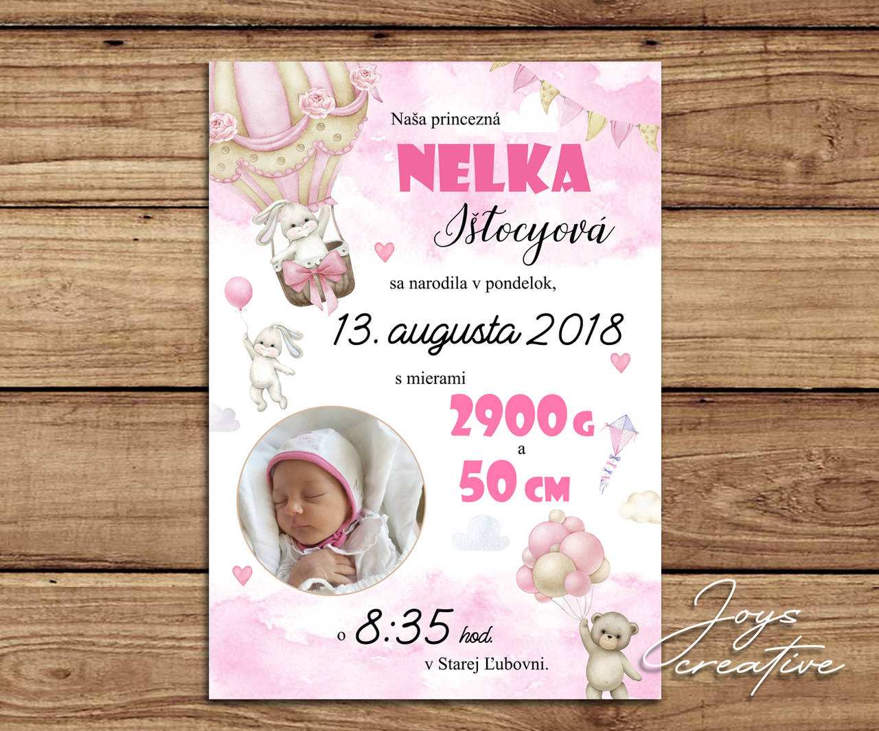 Detská tabuľka, tabuľka pre dieťa s údajmi o narodení dieťatka  (balón so zajkom 38x27 ružová)