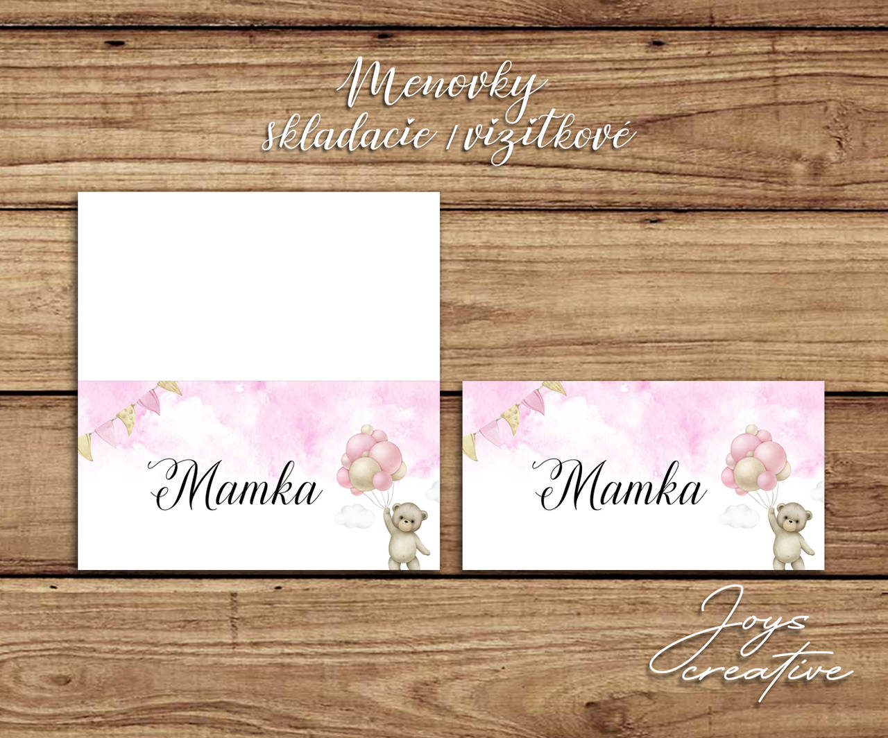 Skladacie / vizitkové krstinové, narodeninové menovky s mackom