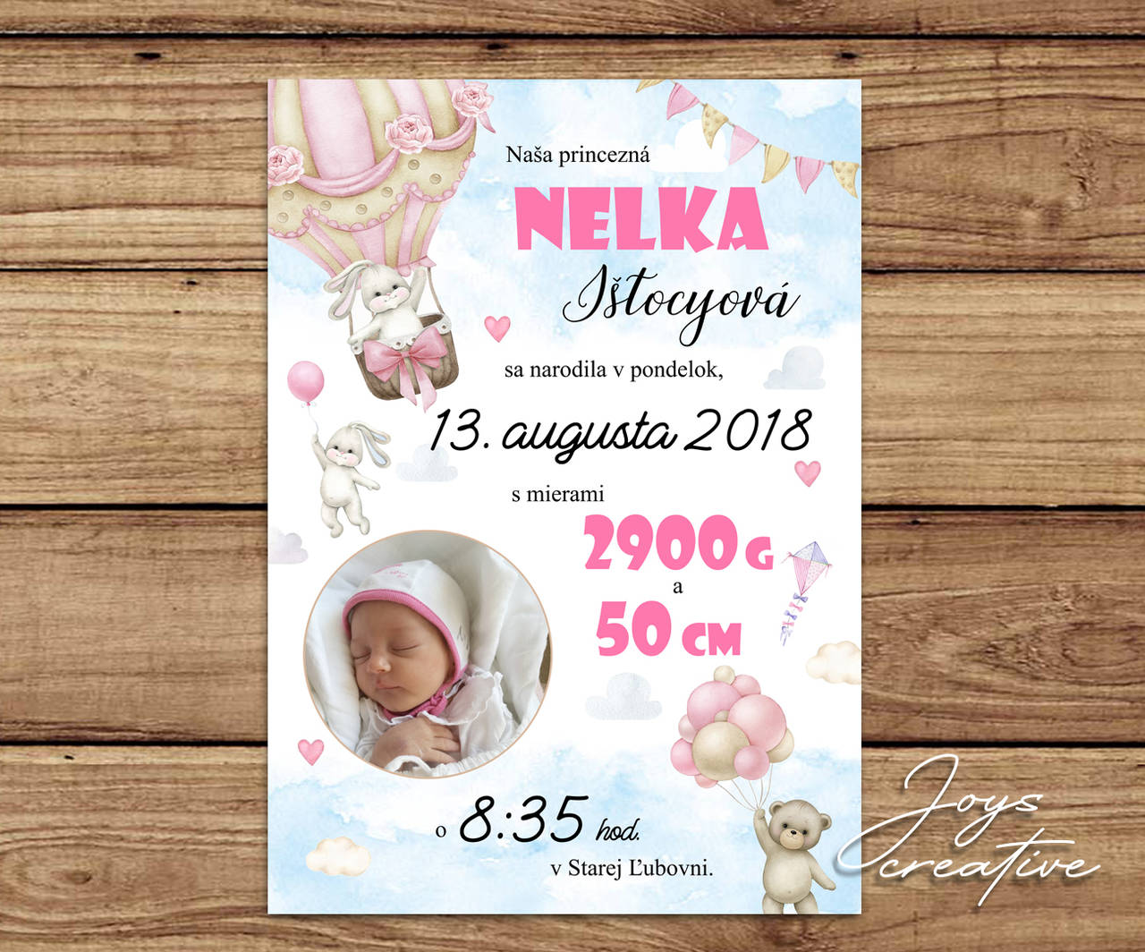 Detská tabuľka, tabuľka pre dieťa s údajmi o narodení dieťatka  (balón so zajkom 38x27 modrá)