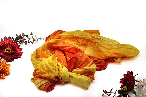 Ručne maľovaný hodvábný šál žltý, oranžový - Orange pásiky