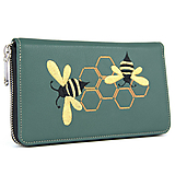 Peňaženky - Vyšívaná kožená dámska peňaženka s motívom Včeličiek, zelená farba - 16086244_