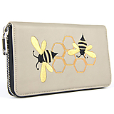 Peňaženky - Vyšívaná kožená dámska peňaženka s motívom Včeličiek, béžová farba - 16086343_