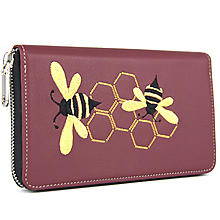 Peňaženky - Vyšívaná kožená dámska peňaženka s motívom Včeličiek, bordová farba - 16085945_