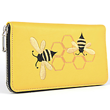 Peňaženky - Vyšívaná kožená dámska peňaženka s motívom Včeličiek, žltá farba - 16086162_