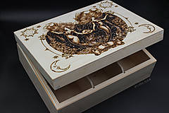 Úložné priestory & Organizácia - Znamenie Blíženci - drevená krabička, Ručne vypaľovaná a maľovaná, 6 priečinková šperkovnica (Hnedá) - 16088492_