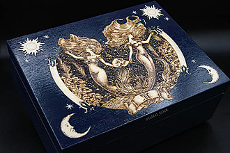Úložné priestory & Organizácia - Znamenie Blíženci - drevená krabička, Ručne vypaľovaná a maľovaná, 6 priečinková šperkovnica (Modrá) - 16088503_