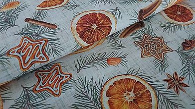 Textil - Dekoračná vianočná látka (Pomaranče,medovníky,vetvičky/ 160 cm) - 16096011_