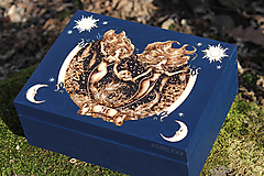 Znamenie Blíženci - drevená krabička, Ručne vypaľovaná a maľovaná, 6 priečinková šperkovnica