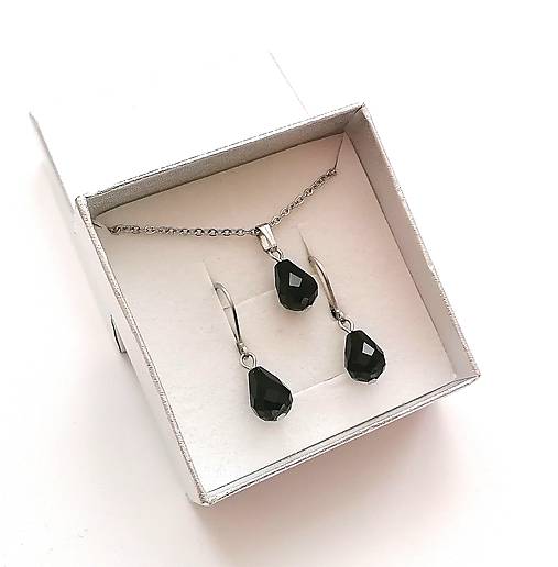 Sady šperkov - Sada brúsené kvapky 8x10 mm + oceľ (čierna) - 16100152_