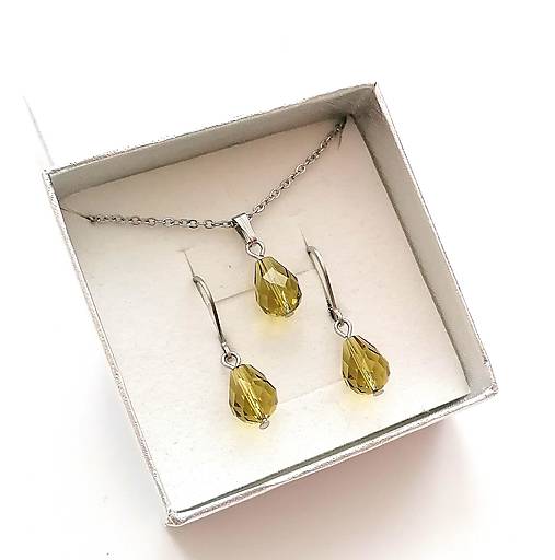 Sady šperkov - Sada brúsené kvapky 8x10 mm + oceľ (khaki) - 16100206_