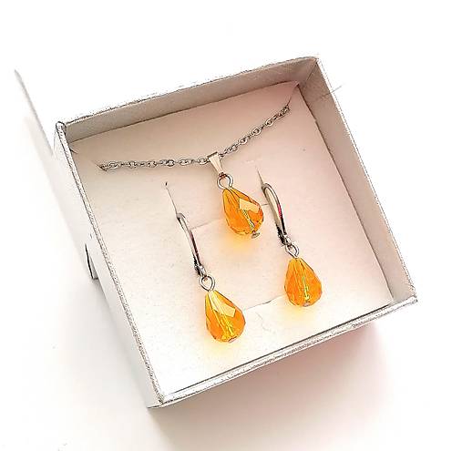 Sady šperkov - Sada brúsené kvapky 8x10 mm + oceľ (oranžová svetlá) - 16100223_