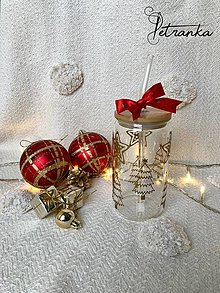 Nádoby - Uzatvárateľný sklenený pohár so sklenenou slamkou - vianočné stromčeky - 16103823_