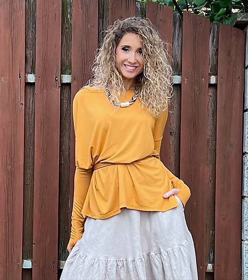 Topy, tričká, tielka - Oversize hořčicové triko dlouhý rukáv - 16105748_