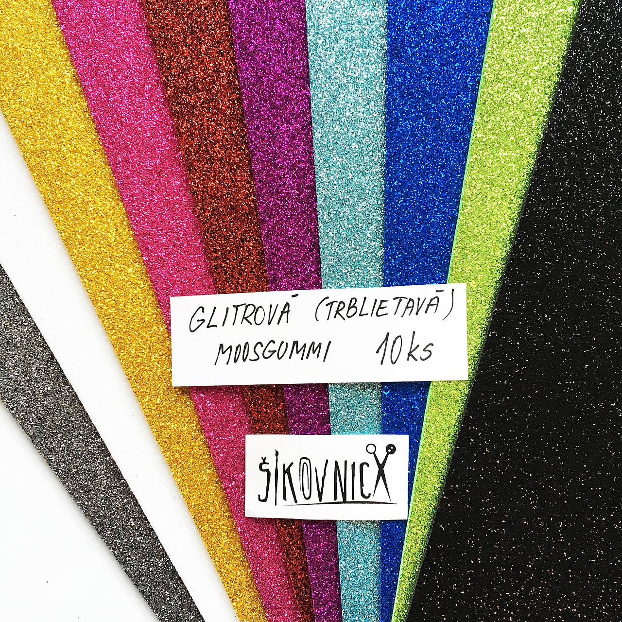 Machová guma - moosgummi, glitrová, A4, sada 10 ks