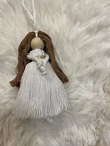 Dekorácie - Vianočný makramé anjel - 12 cm (Tmavohnedé vlasy, biele šaty) - 16109998_